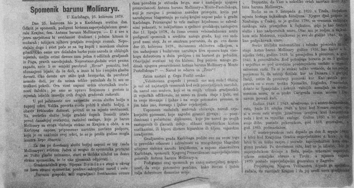 Novinski zapis o svečanom otkrivanju biste generala Antona Mollinaryja – Narodne novine