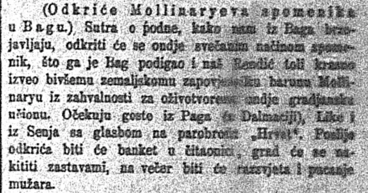 Novinski zapis o svečanom otkrivanju biste generala Antona Mollinaryja – Obzor