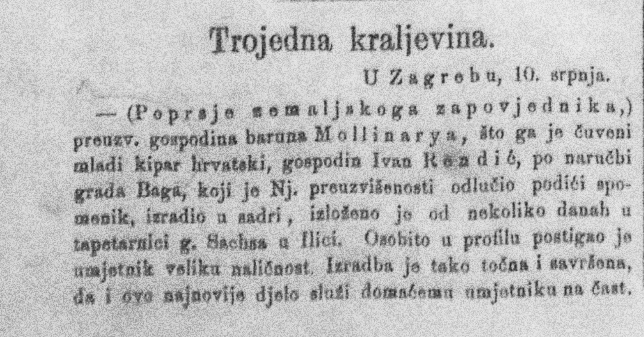 Novinski zapis o bisti generala Antona Mollinaryja u Sachsinoj trgovini – Narodne novine