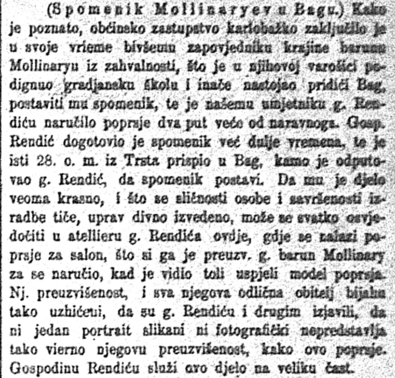 Novinski zapis o svečanom otkrivanju biste generala Antona Mollinaryja