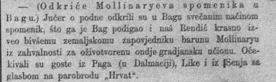 Novinski zapis o svečanom otkrivanju biste generala Antona Mollinaryja – Narodne novine