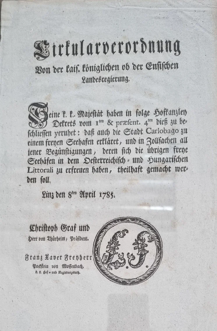 Okružnica o proglašenju Karlobaga slobodnom lukom izdana u Linzu 1785. godine