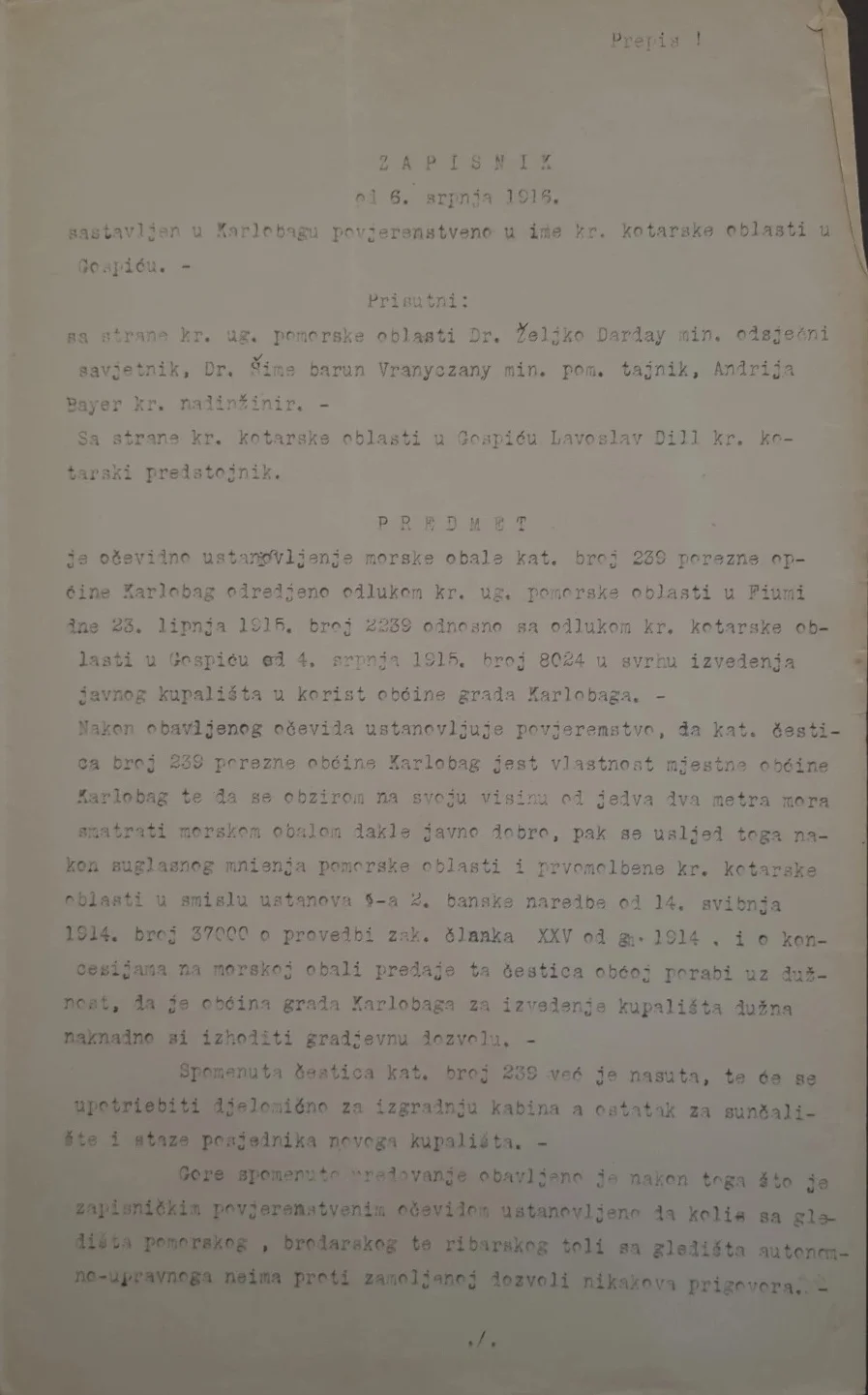 Minutes concerning the allocation of the shore