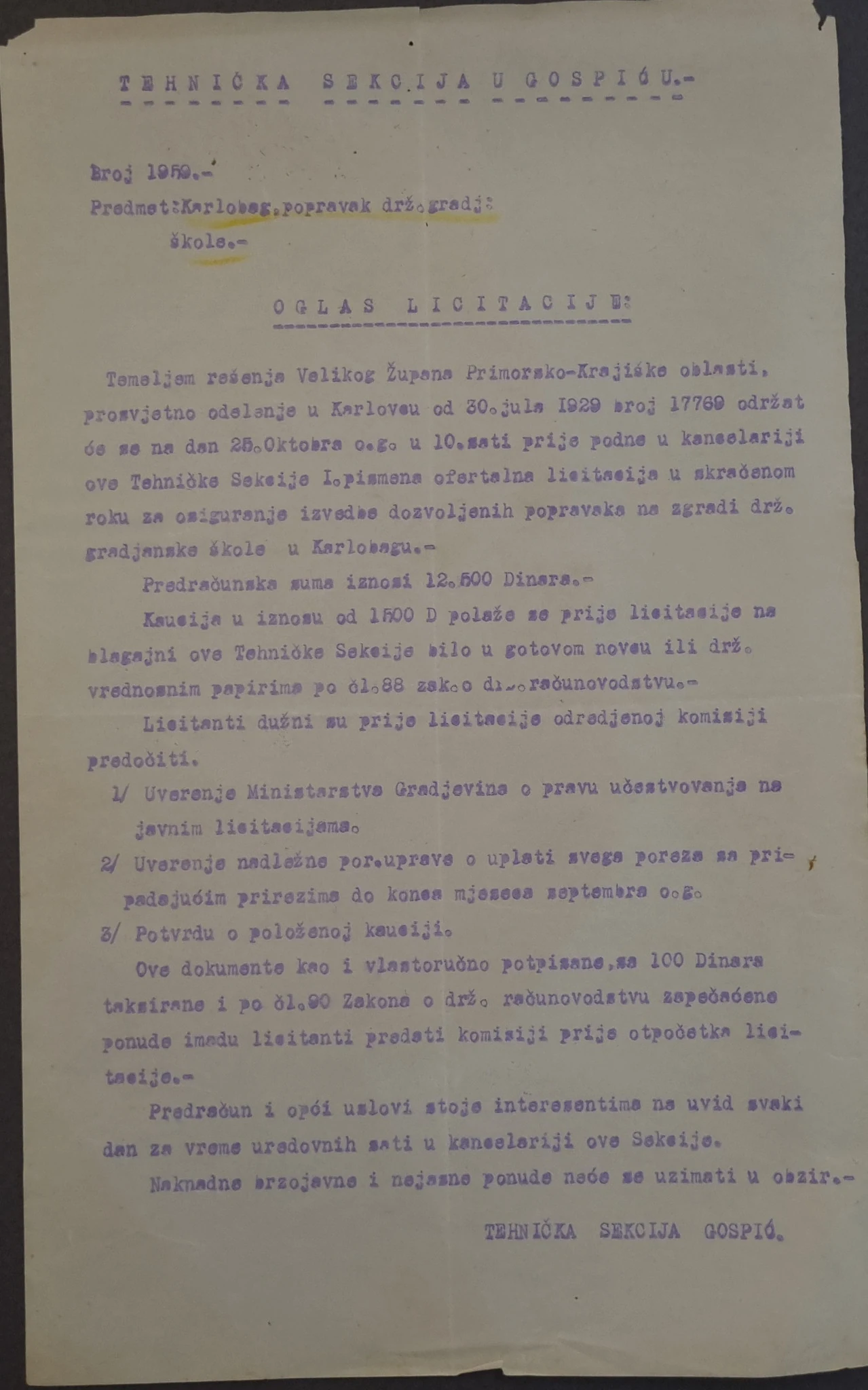 Oglas licitacije za popravak državne građanske škole u Karlobagu, listopad 1929.