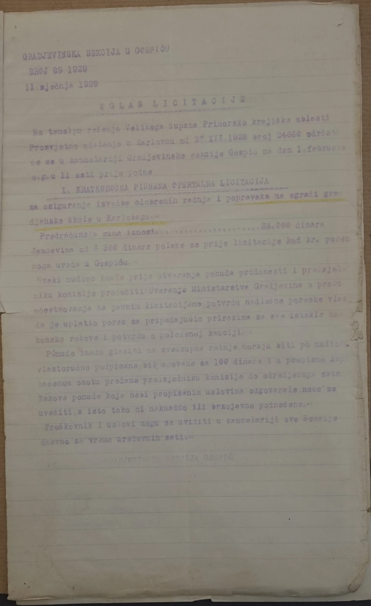 Natječaj za popravak škole u Karlobagu, siječanj 1929.